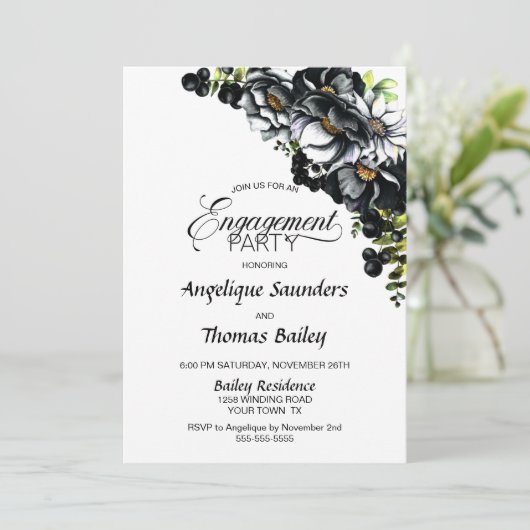Invitation Moody Black Floral Custom Photo Party (Debout devant)
