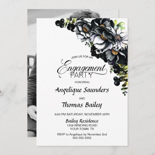 Invitation Moody Black Floral Custom Photo Party (Devant / Derrière)