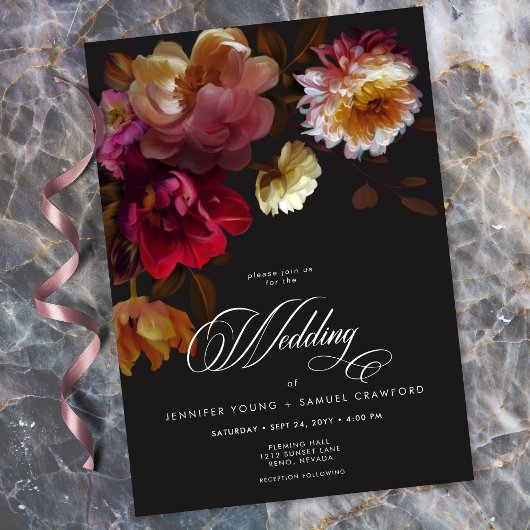 Invitation Moody Black Floral Painterly Red Burgundy Wedding