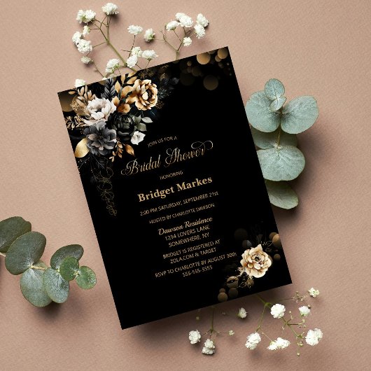 Invitation Moody Black Gold Floral Fête des mariées