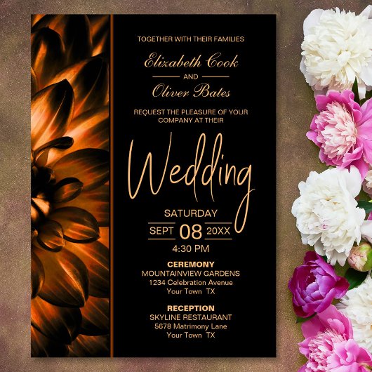 Invitation Moody Black Gold Floral Mariage
