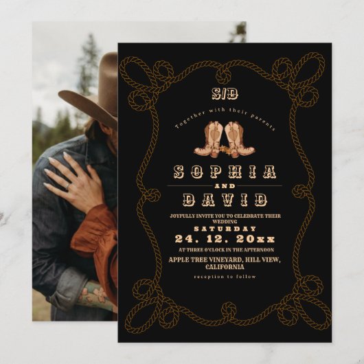 Invitation Moody Black Rustic Western Wedding  (Devant / Derrière)
