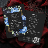 Invitation Moody Blue Black Elegant Floral Mariage QR Code