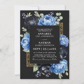 Invitation Moody Blue Black Elegant Floral Mariage QR Code (Devant)