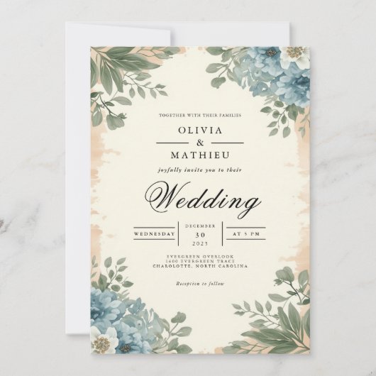 Invitation Moody Blue Botanical Romance Mariage (Devant)