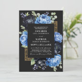 Invitation Moody Blue et Black Elegant Floral Mariage (Debout devant)