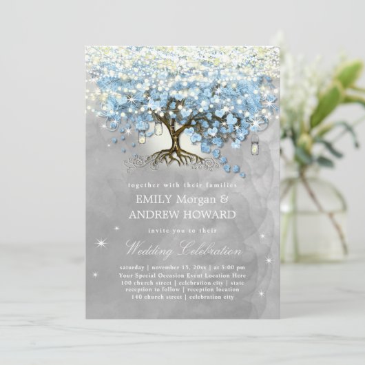 Invitation Moody Blue Grey Silver Heart Leaf Mariage Arbre (Debout devant)