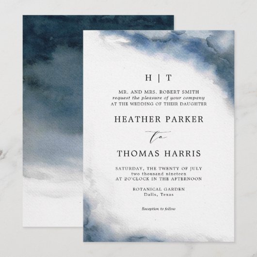Invitation Moody Blue Watercolor Classique Mariage élégant (Devant / Derrière)