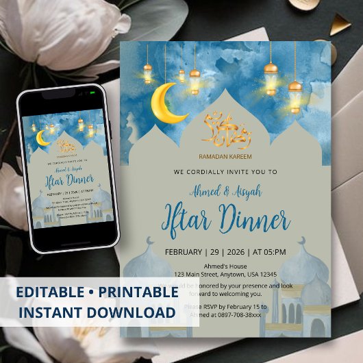 Invitation Moody Blue Watercolor Mosque Iftar Dinner