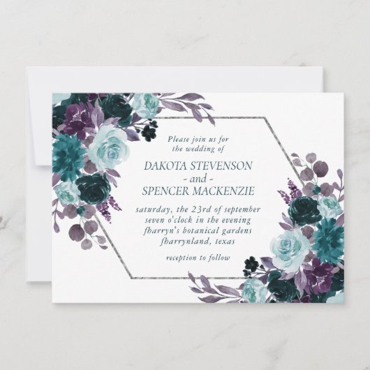 Invitation Moody Boho | Turquoise Floral Silver Frame Mariage (Devant)