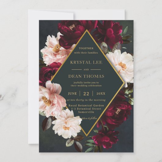 Invitation Moody Bourgogne Blush Floral Peonies Mariage vert (Devant)