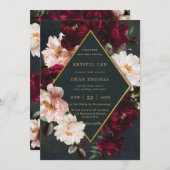 Invitation Moody Bourgogne Blush Floral Peonies Mariage vert (Devant / Derrière)