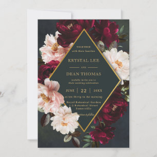 Invitation Moody Bourgogne Blush Floral Peonies Mariage vert