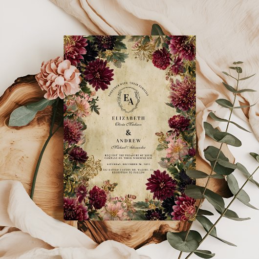 Invitation Moody Bourgogne et Antique Gold Elegance