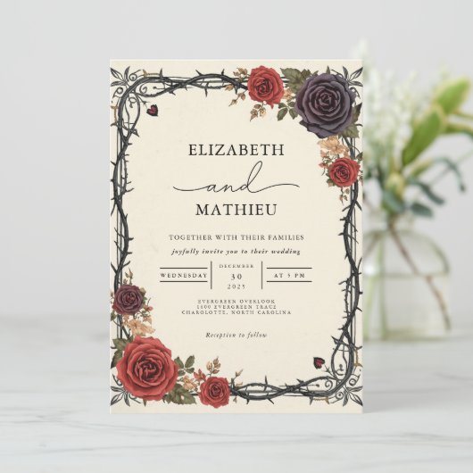 Invitation Moody Bourgogne et Mariage botanique gothique noir (Debout devant)