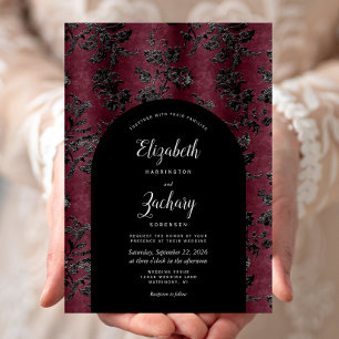 Invitation Moody Bourgogne Noir Damas Arc Mariage foncé