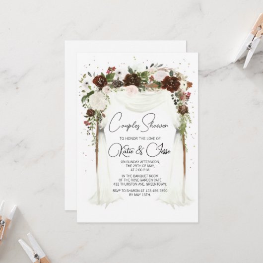 Invitation Moody Burgundy Floral Arch Couples Shower (Devant/Arrière en situation)