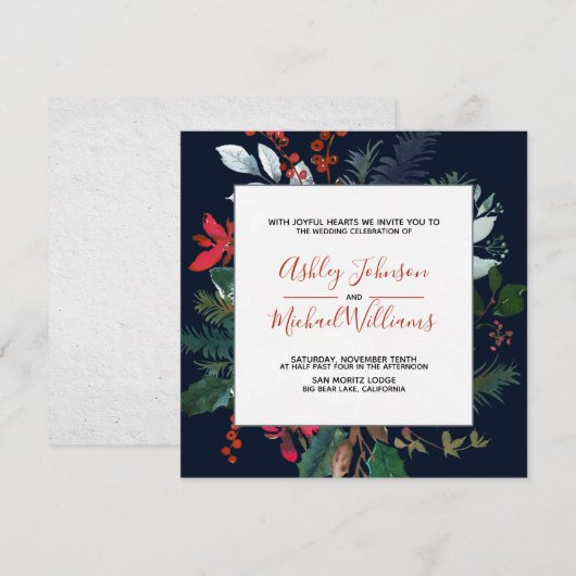 Invitation Moody Burgundy & Navy Blue Floral Frame Mariage (Devant / Derrière)