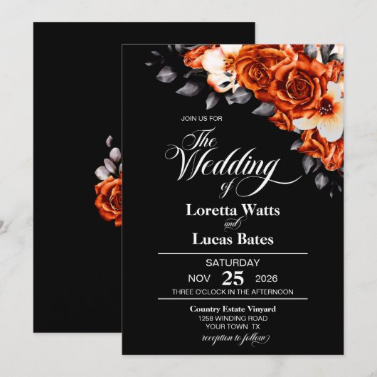 Invitation Moody Burnt Orange Rose Floral Black Mariage (Devant / Derrière)