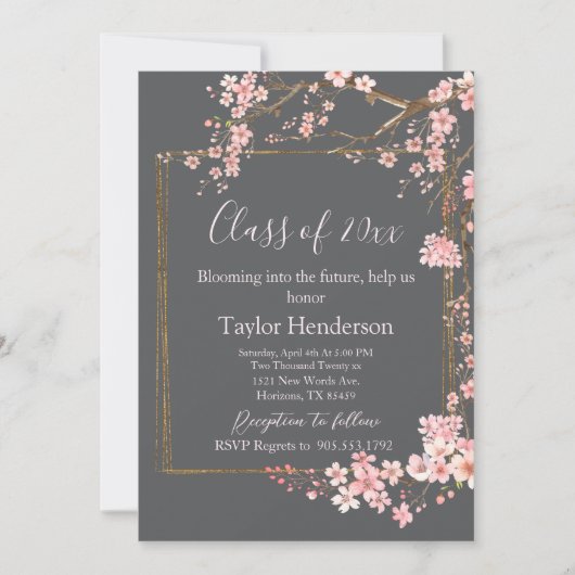 Invitation Moody Charcoal and Pink Cherry Blossom Graduation (Devant)