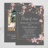 Invitation Moody Charcoal and Pink Cherry Blossom Graduation (Devant / Derrière)