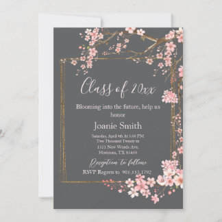 Invitation Moody Charcoal and Pink Cherry Blossom Graduation
