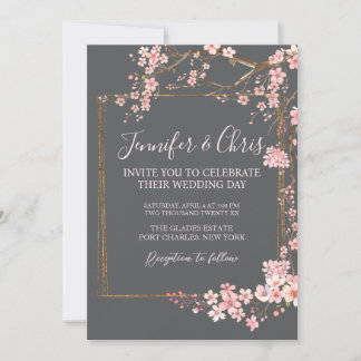 Invitation Moody Charcoal and Pink Cherry Blossom Wedding