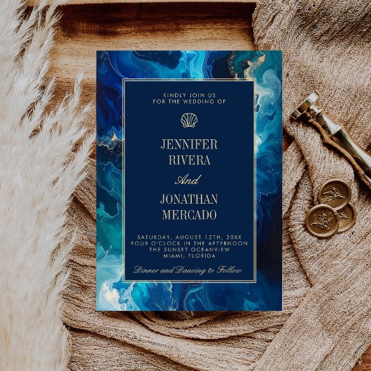 Invitation Moody Coastal Ocean Blue Elegant Beach Wedding