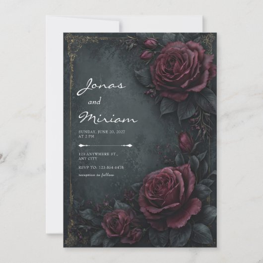 Invitation Moody Dark Charcoal Burgundy Rose Floral Wedding (Devant)