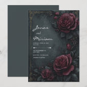 Invitation Moody Dark Charcoal Burgundy Rose Floral Wedding (Devant / Derrière)