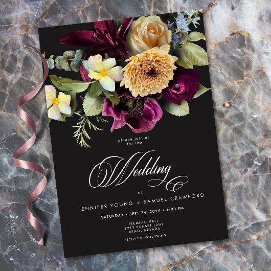 Invitation Moody Dark Floral Black Burgundy Romantic Wedding