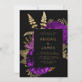 Invitation Moody Dark Floral Purple Gold QR Code Mariage (Devant)