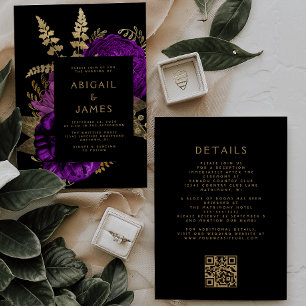 Invitation Moody Dark Floral Purple Gold QR Code Mariage