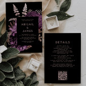 Invitation Moody Dark Floral Purple Rose Gold QR Code Mariage