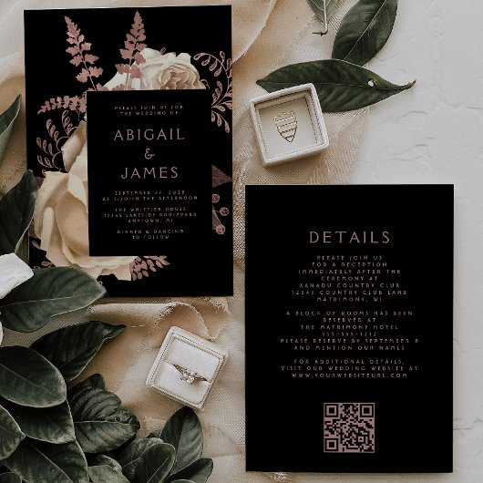 Invitation Moody Dark Floral Rose or QR Code Mariage