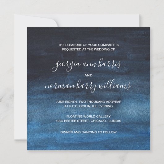 Invitation Moody Dark Navy Blue Watercolor Mariage de lavage (Devant)