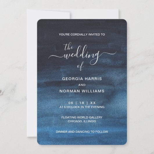 Invitation Moody Dark Watercolor Mariage bleu marine (Devant)