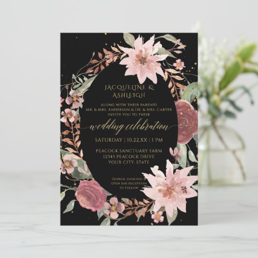 Invitation Moody Elegant Aquarelle Fleurs Noir Blush Rose (Debout devant)