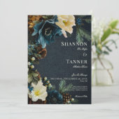 Invitation Moody Elegant Hiver Bleu Floral Pine Mariage (Debout devant)