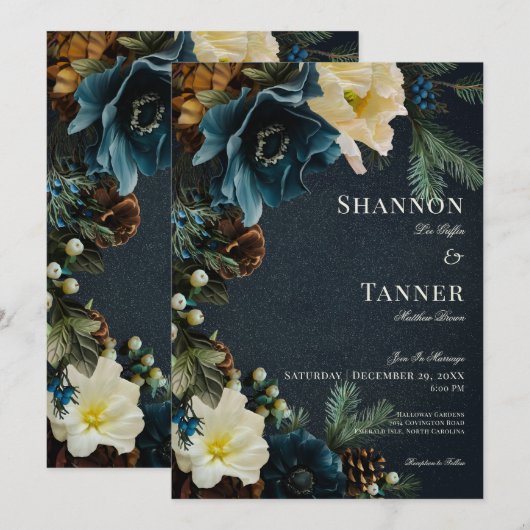 Invitation Moody Elegant Hiver Bleu Floral Pine Mariage (Devant / Derrière)