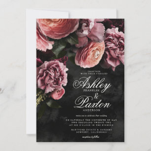 Invitation Moody Elegant Rose Bouquet floral sur Black Invi