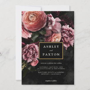 Invitation Moody Elegant Rose   Bouquet floral sur noir