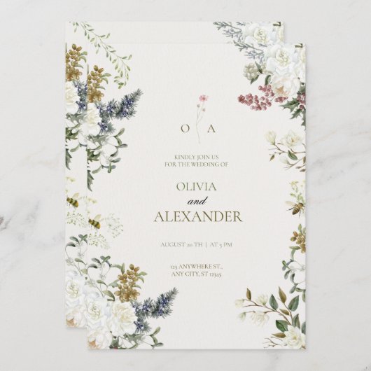 Invitation Moody Evergreen & White Rose Botanical Watercolor  (Devant / Derrière)