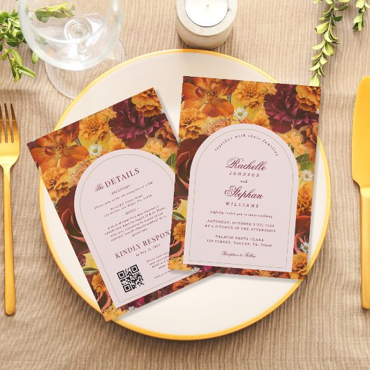 Invitation Moody Fall Floral QR Code Tout en un Mariage