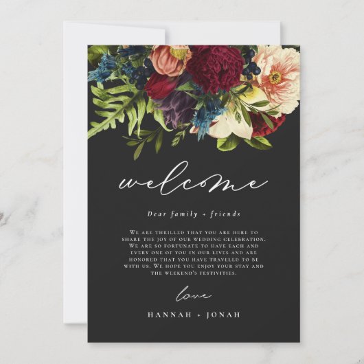 Invitation Moody Floral Black Gothique Mariage Bienvenue Cart (Devant)