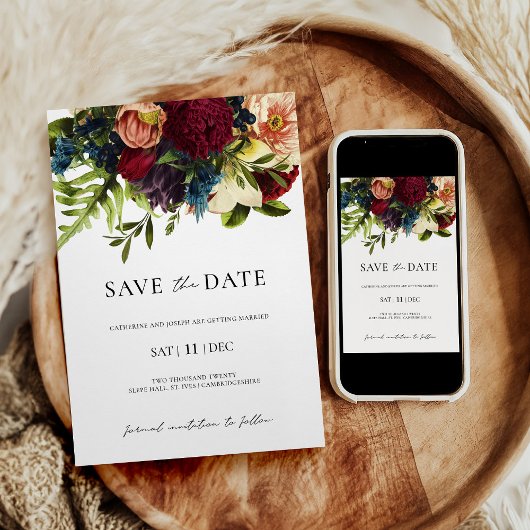 Invitation Moody Floral Burgundy Wedding Enregistrer la date