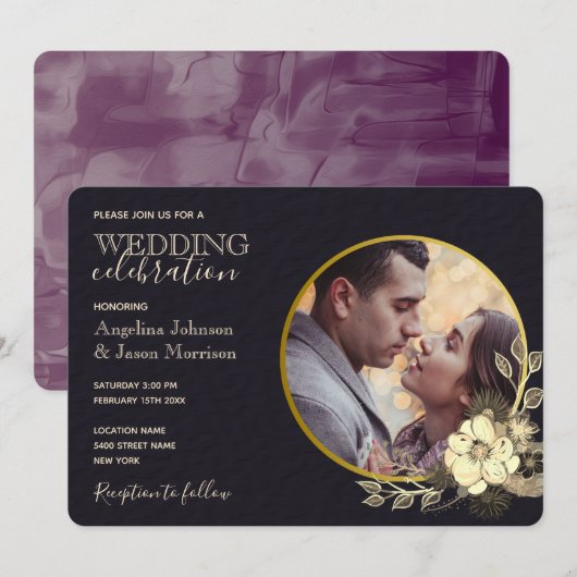 Invitation Moody Floral Purple Gold Black Mariage (Devant / Derrière)