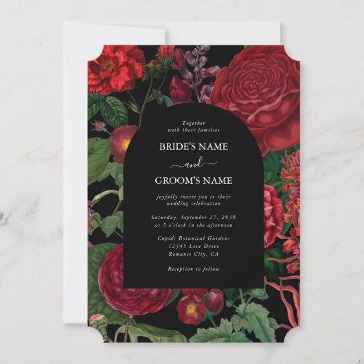 Invitation Moody Florals Arc Noir Bourgogne Rouge Mariage (Devant)