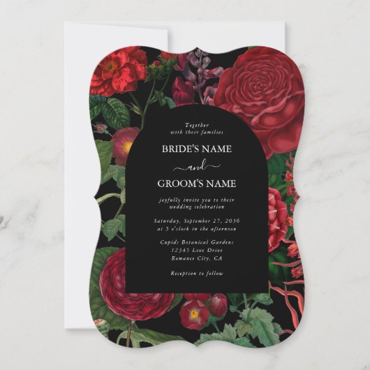 Invitation Moody Florals Arc Noir Bourgogne Rouge Mariage (Devant)