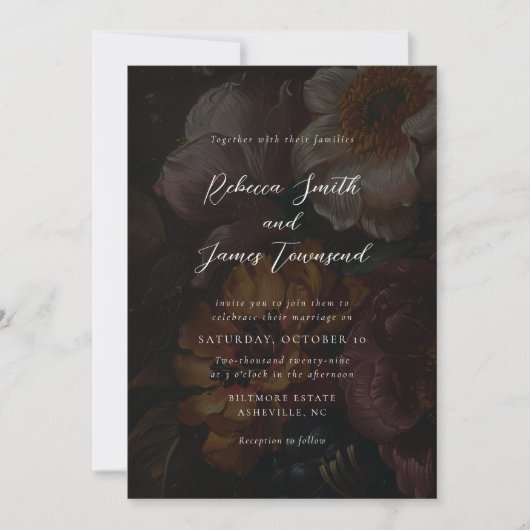 Invitation Moody Florals Dark Botanical Calligraphy Mariage (Devant)